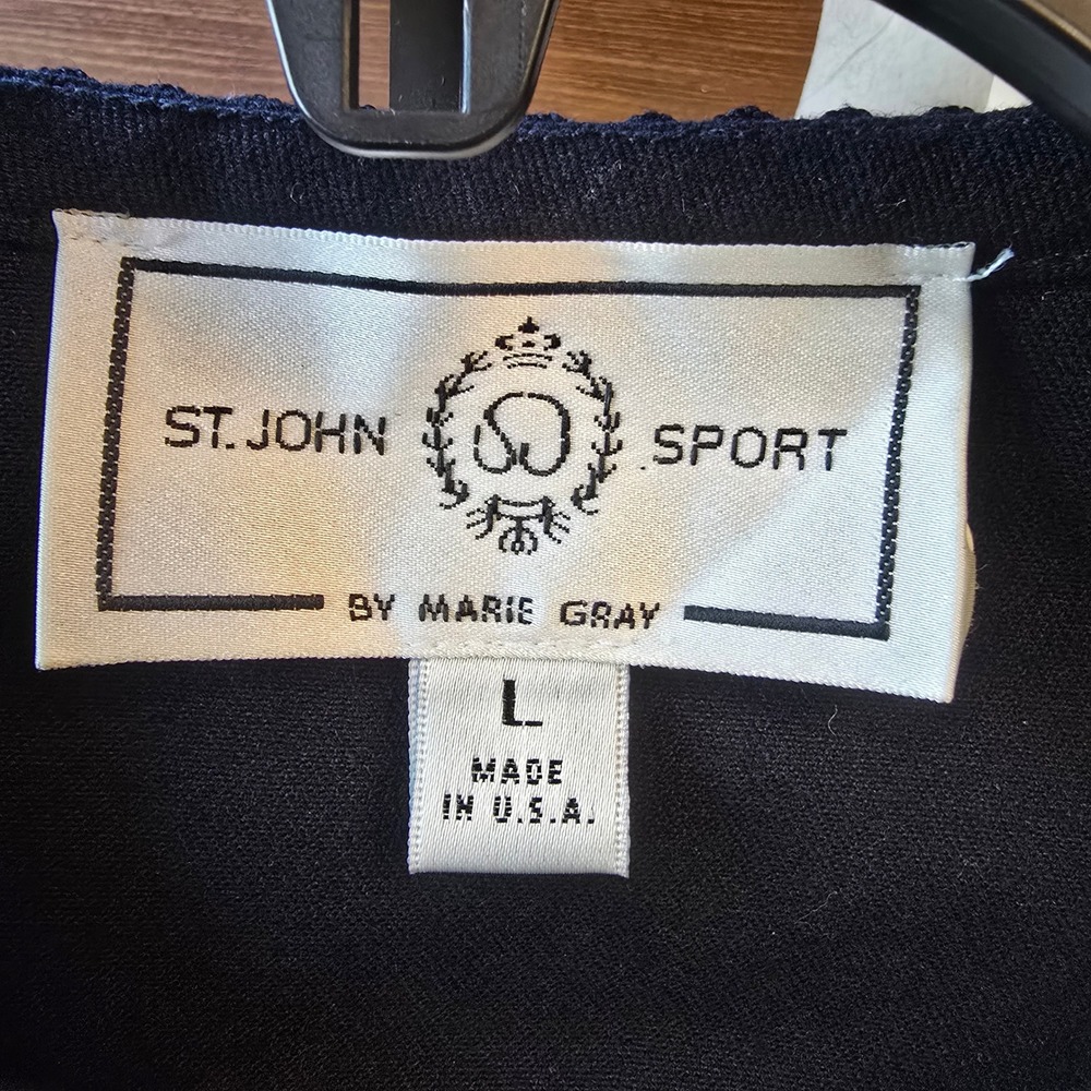 St John Sport Marie Gray Black White Ric Rac Trim Zip Front Jacket Large READ - Picture 11 of 16